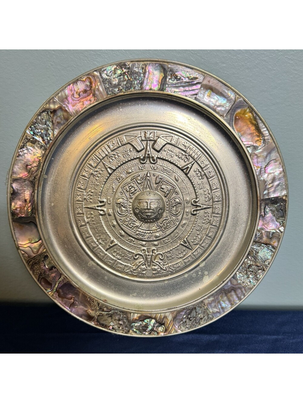 2 Alpaca Mexico Aztec Sun Calendar Plates Silver- Abalone Vintage Wall Decor